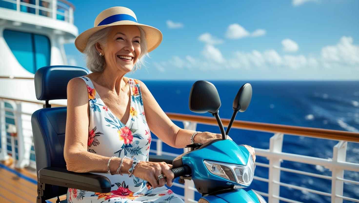 elderly person on a cruise with a mobility scooter